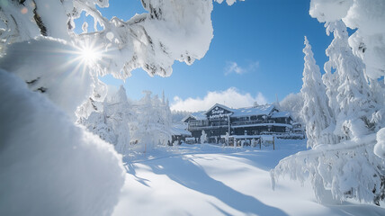 樹氷に囲まれた蔵王温泉の冬景色
