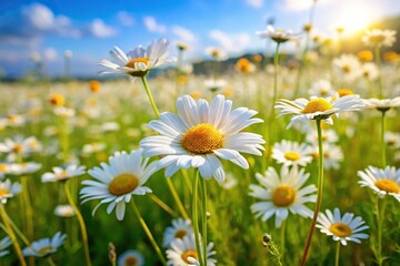 Wild chamomile and oxeye daisies in a meadow viewed from a tilted angle