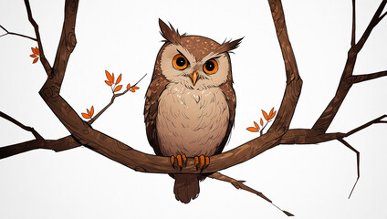 An owl sits on a bare tree branch.

