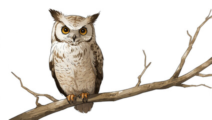 An owl sits on a bare tree branch.

