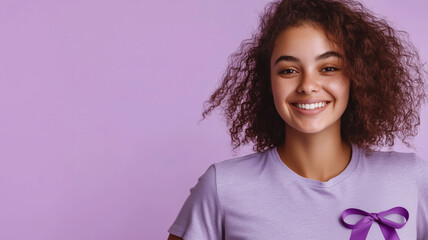 National Cancer Survivors Day. Portrait of a cancer survivor smiling wearing a purple ribbon on their shirt placed on a soft lavender background