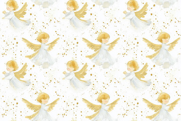 A seamless watercolor design featuring golden angels with delicate wings and flowing dresses, perfect for creating elegant textiles, wallpapers, or gift wrapping.