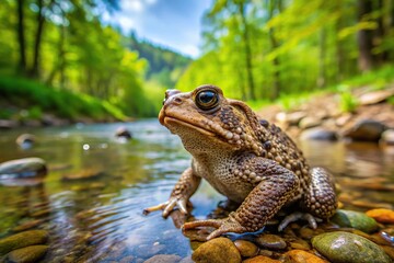 Obraz premium Low angle view of American Toad Anaxyrus americanus hunting near forest stream