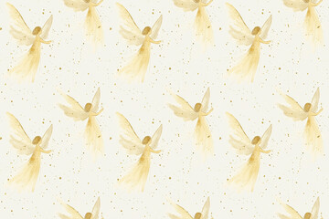 A graceful watercolor pattern of golden angels with flowing wings and gowns, ideal for sophisticated textiles, wallpapers, and gift-wrap designs.