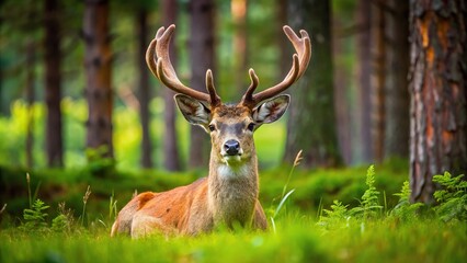 Obraz premium Wild deer resting on grass in Siberian forest