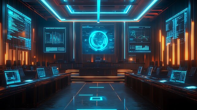 A digital courtroom where tech regulation cases are argued, glowing holographic graphs showing monopolistic control by tech giants, lawyers reviewing digital evidence,