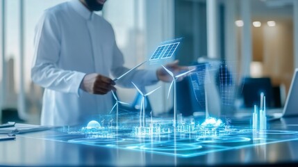 A professional is engaged in planning renewable energy solutions within a sleek, modern office