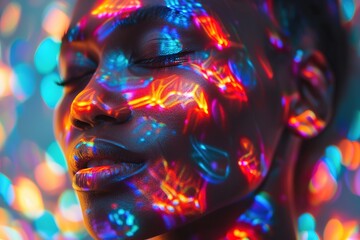 Woman with colorful holographic light on face, closed eyes