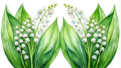 Obraz premium Watercolor paintings of symmetrical Lily of the Valley flowers