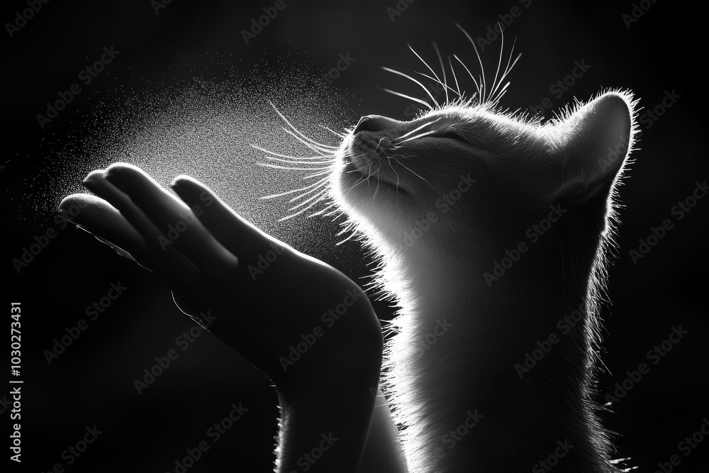 Poster kitten looking up with wide eyes as a mysterious hand reaches out toward it with dust particles illu