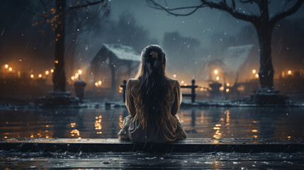 Obraz premium Young adult woman sitting on snow covered edge of footbridge at lake white cold winter day. Back view.