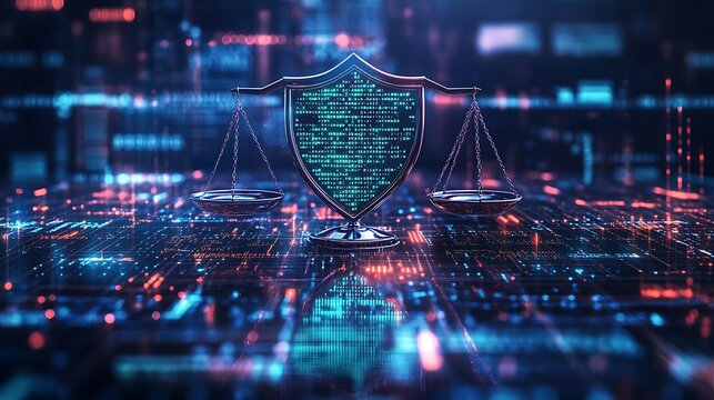 A digital shield protecting a network from cyberattacks, legal scales in the foreground representing cybersecurity laws, flowing encrypted data streams,