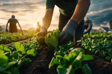 Close-up of a person harvesting leafy greens in a lush, sunlit field with other workers in the background
