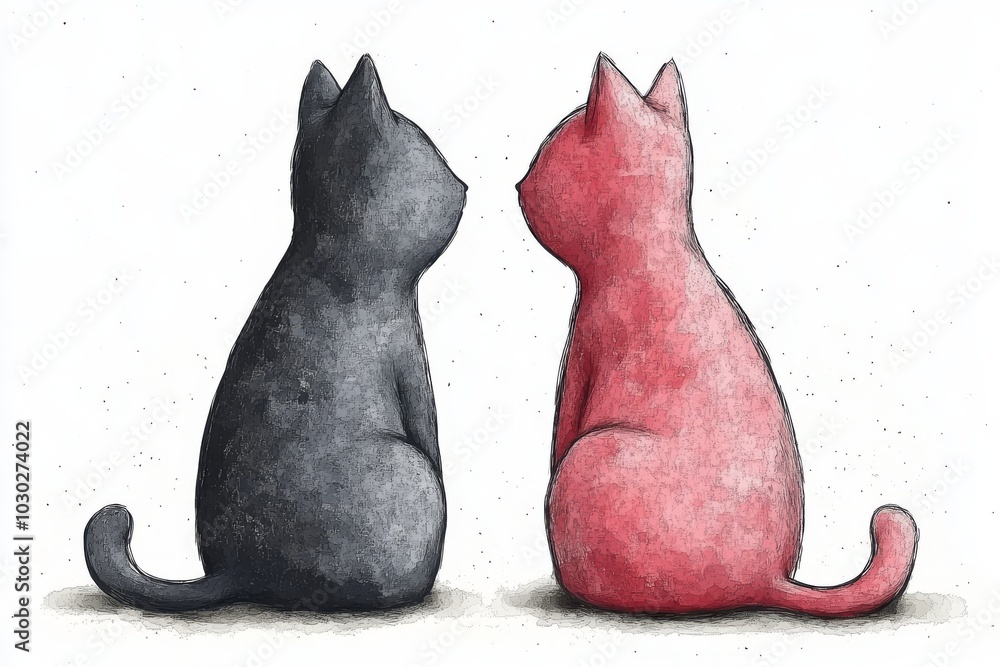 Poster two minimalist cats sitting together one pink and one grey their simple design highlighting the bala