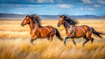 Obraz premium Wild horses galloping in open plain with tall grass