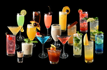 ice cold chilled fres lime fruit honey drink in glass blue island cocktail strawberry lemon beverage mocktail coffee bean mocha halal food menu in white background for cafe set combo crop design group