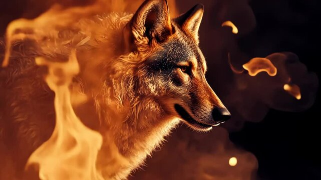 A wolf stands amidst a fiery inferno, its fur glowing in the heat