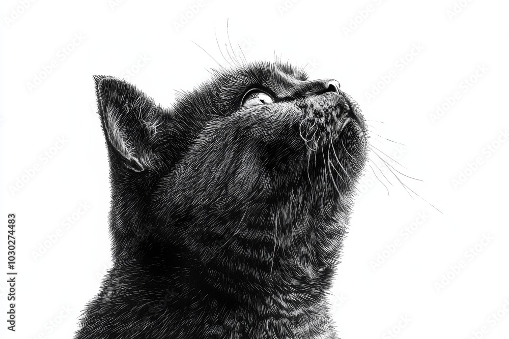 Poster close up of a black cat looking up its fur softly lit against a white background creating a serene a