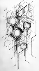 Intricate abstract geometric design with hexagons and intersecting lines.