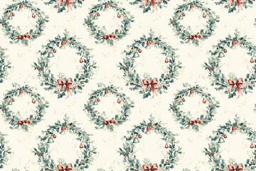 A festive seamless pattern showcasing watercolor Christmas wreaths, beautifully decorated with red bows, bells, and holly berries, perfect for holiday-themed designs and gift wrapping.
