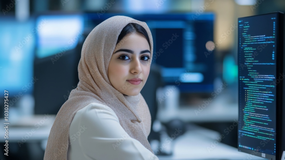 Poster A young woman wearing a headscarf is focused on coding at her desk, surrounded by multiple screens displaying programming code in a contemporary office setting