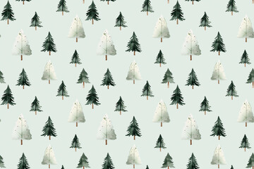 Obraz premium This seamless pattern showcases watercolor Christmas trees set against a gentle green backdrop, ideal for creating holiday-themed designs and gift wrap.