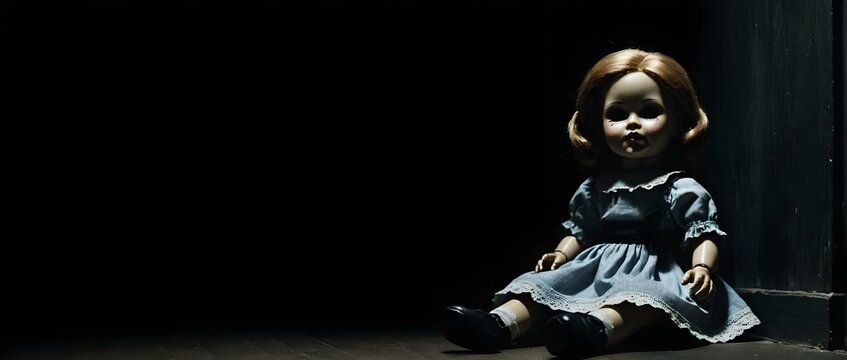 devil possessed doll sitting in a corner in the darkness, halloween night background, scary wallpaper, blank empty space for text in the left side