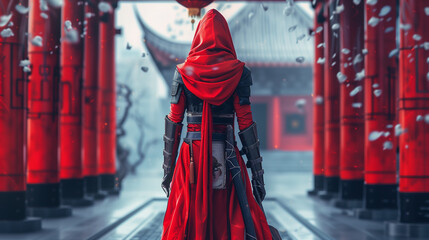 Rear view of a mysterious figure in a red cloak walking through a temple courtyard, surrounded by red columns and floating petals