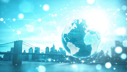 Digital technology and global network concept with glowing globe over city skyline, symbolizing connectivity and innovation