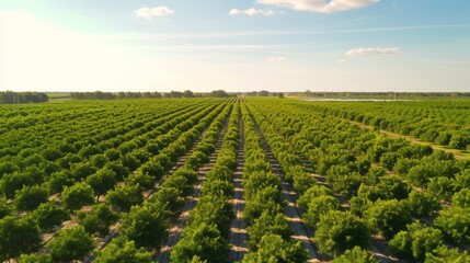 Breathtaking Aerial Vision: Vibrant Florida Farmlands Blooming with Countless Rows of Sunny Orange G