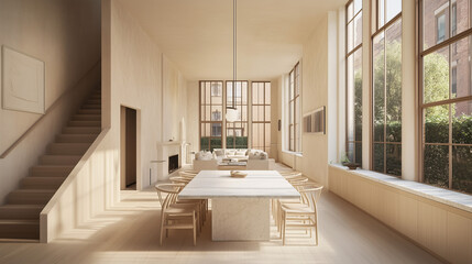 Minimalist dining area featuring a marble table, slim modern chairs, and a simple pendant light overhead