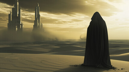 Mysterious cloaked figure stands in a vast desert with futuristic towers in the distance under a golden sky