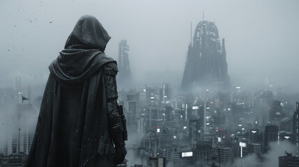 A cloaked figure stands on a rainy rooftop, gazing at a misty futuristic city filled with skyscrapers