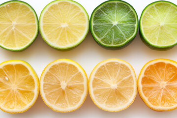 Fototapeta premium Fresh limes and lemons cut in half, showcasing vibrant colors and textures. bright yellow and green hues create cheerful and refreshing display, perfect for culinary inspiration