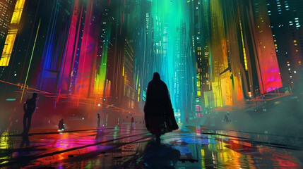 Mysterious figure walking through a futuristic neon-lit cityscape at night, surrounded by towering skyscrapers and glowing reflections