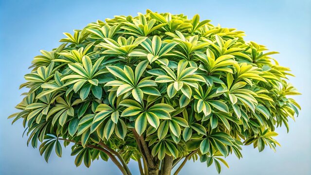 Low angle view of dwarf umbrella tree with green and pale yellow leaves