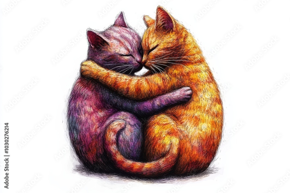 Poster two cats embracing in a colorful textured illustration with swirling fur patterns evoking warmth lov
