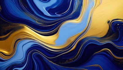 Abstract paint background by deep blue and gold color with liquid fluid texture in luxury flowting materials