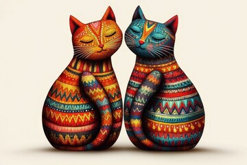 Two colorful patterned cat statues sitting side by side their intricate designs highlighting a bold ethnic inspired aesthetic in a warm visually striking arrangement