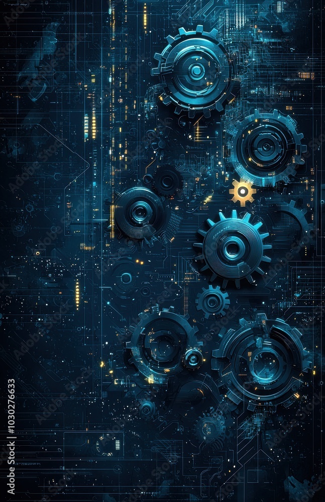 Poster abstract background with intricate blue and silver mechanical gears and circuits, representing techn