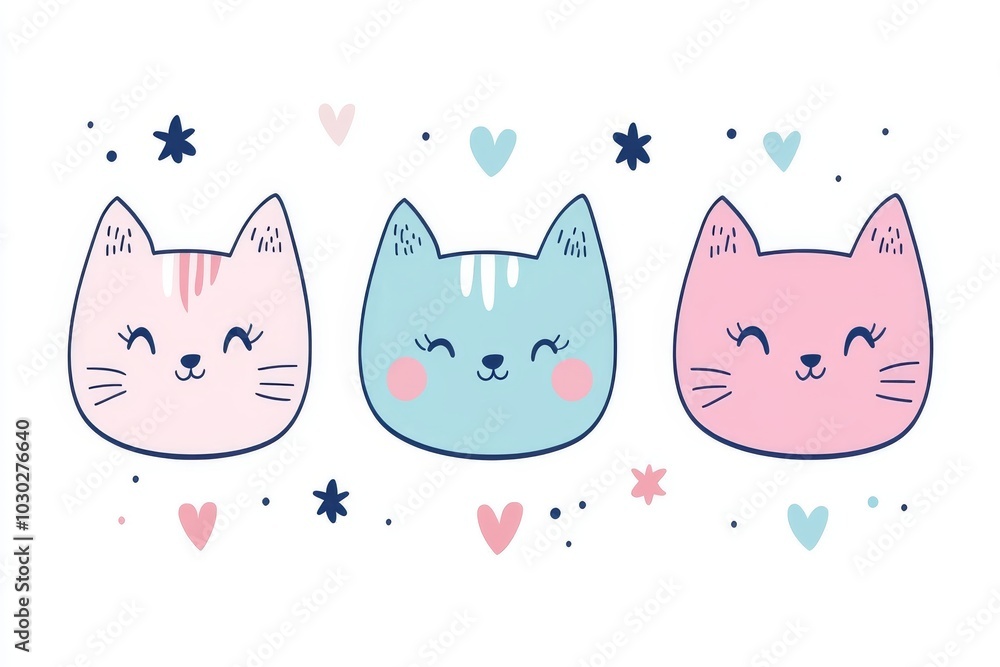 Poster three pastel colored cartoon cats with cheerful expressions each with unique features creating a fun