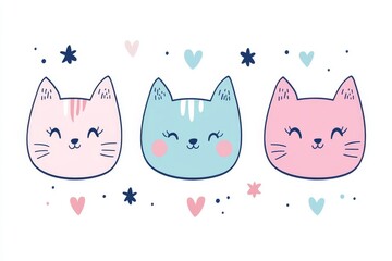 Three pastel colored cartoon cats with cheerful expressions each with unique features creating a fun and playful pattern perfect for childrens designs or textiles