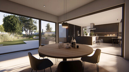 Fototapeta premium Minimalist dining area with a round wooden table, black chairs, and a small pendant light hanging above
