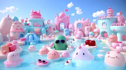 Fototapeta premium Colorful fantasy landscape with cute characters and a pool.