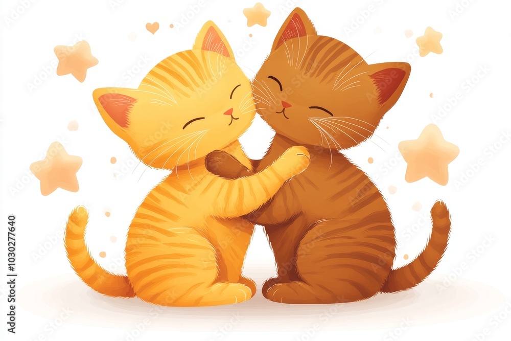 Poster two orange kittens sitting closely with their tails wrapped around each other smiling as stars float