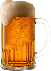 Glass mug of cold, refreshing, golden beer, topped with thick foam against transparent background....