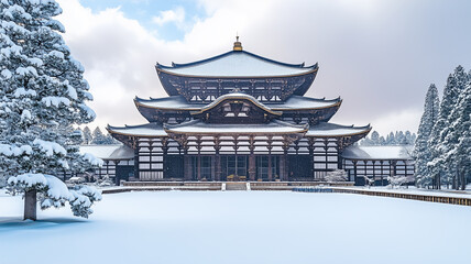 雪に包まれた奈良東大寺の冬景色