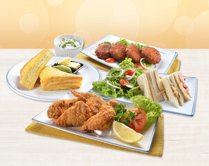 seafood pasta with burger, pizza, salad, breakfast, chicken, curry fish top view group set on white marble table western spaghetti cuisine halal food hotel luxury cafe menu cover design
