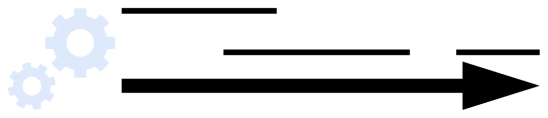 Black arrow pointing right with light blue gears and horizontal lines suggesting movement and speed. Ideal for technology, business processes, progress, efficiency, and direction