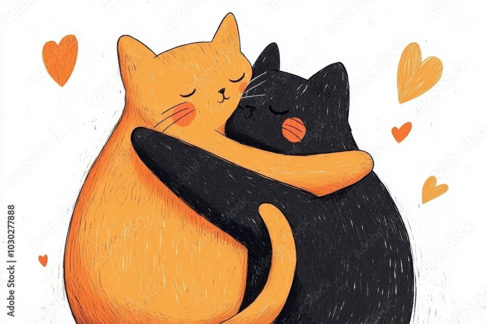 Poster two cats one orange and one black hugging tightly with floating hearts surrounding them creating a h